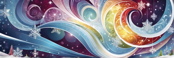 Abstract illustration wallpaper of different Christmas symbols, vibrant colors and soft swirling textures, AI generated