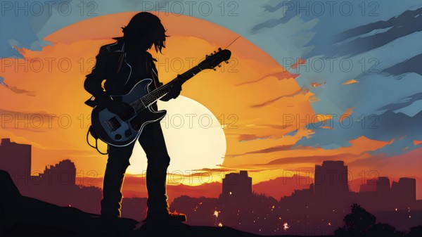 Illustration of a rock star silhouette clutching guitar against abstract urban skyline morphing into sunset, AI generated