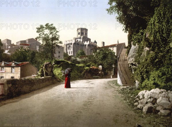 Church and old town, Royat, Auvergne-Rhône-Alpes, France, ca 1890, Historical, digitally restored reproduction from a 19th century original, Record date not stated, Europe