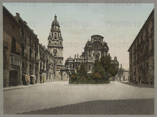 Cathedral Square, Murcia, Spain, c. 1890, Historical, digitally restored reproduction from a 19th century original, Europe