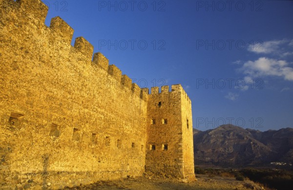 Scan, side view, fortification wall, embrasures, battlements, tower, mountains, blue sky, single white clouds, Frangokastello, Venetian fortress, fortress castle, Sfakia, West Crete, south coast, island of Crete, Greece, Europe