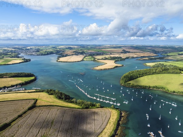 Salcombe and Mill Bay over Kingsbridge Estuary from a drone, Batson Creek, Southpool Creek, Devon, England, United Kingdom, Europe