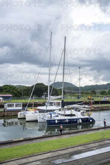 Private boats in lock, Miraflores locks, Panama Canal, Panama City, Panama, Central America