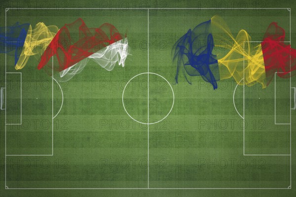 Seychelles vs Romania Soccer Match, national colors, national flags, soccer field, football game, Competition concept, Copy space