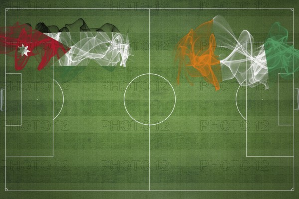 Jordan vs Ivory Coast Soccer Match, national colors, national flags, soccer field, football game, Competition concept, Copy space