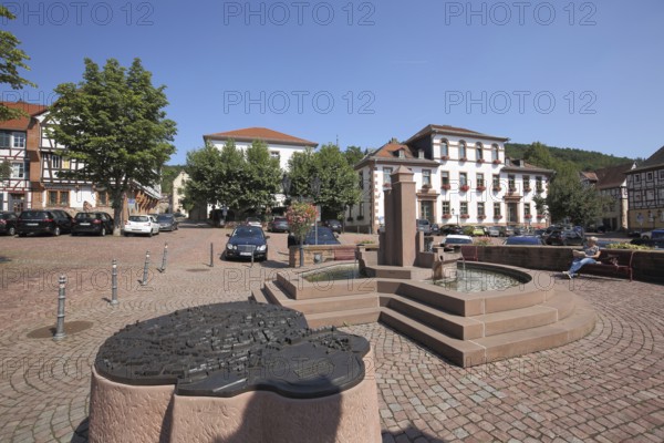 Obermarkt with fountain and historical 3D model, miniature of Gelnhausen, Hesse, Germany, Europe