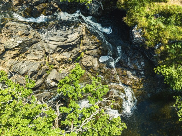 Top Down view of Eas Fors Waterfall from a drone, Isle of Mull, Scottish Inner Hebrides, Scotland, UK