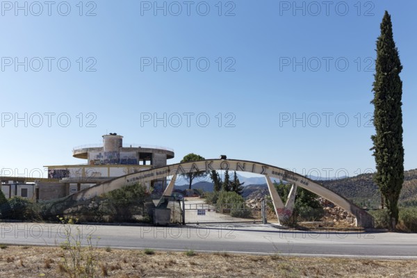 Ruined building, abandoned hotel complex on the Laconian Gulf, Gythio, Laconia, Peloponnese, Greece, Europe