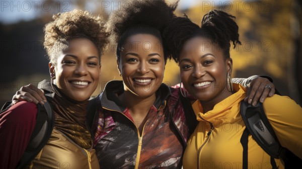 Three african american female friends getting together in the park for some exercise. generative AI