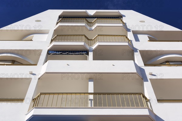 Modern flats with balcony, blue sky, view from below, Águilas, Costa Cálida, Region of Murcia, Spain, Europe