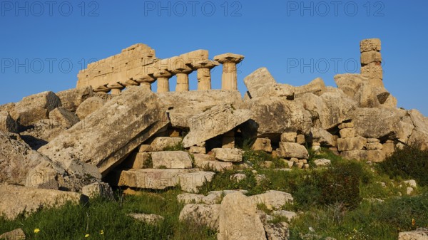 Temple A, Dioscuri temple, row of columns, column remains, Selinunte, archaeological site, temple, south-west Sicily, Sicily, Italy, Europe