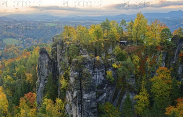 View from the Ferdinandstein to the rock castle Neurathen, Bastei, Lohmen, Saxon Switzerland, Elbe Sandstone Mountains, Saxony, Germany, Europe