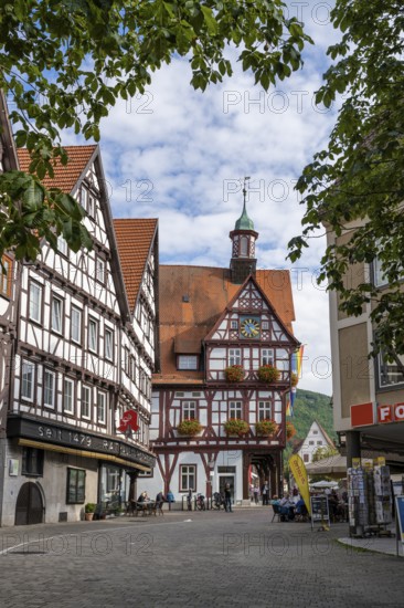 Town hall and half-timbered houses on the market square of Bad Urach, Reutlingen district, Baden-Württemberg, Germany, Europe