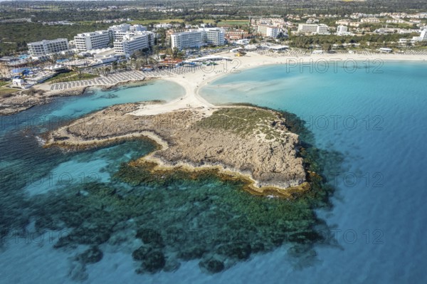 Nissi Beach seen from the air, Cyprus, Europe