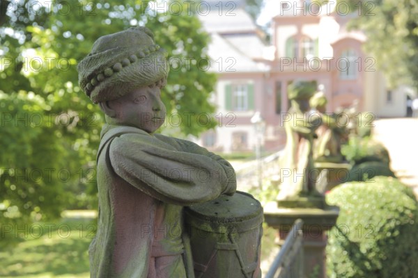 Figure boy with drum in the Bolongaro Garden, drummer, headscarf, oriental, Bolongaro Palace, Höchst, Main, Frankfurt, Hesse, Germany, Europe