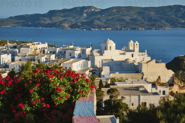Picturesque scenic view of Greek town Plaka on Milos island over red geranium flowers. Plaka village, Milos island, Greece. Focus on flowers