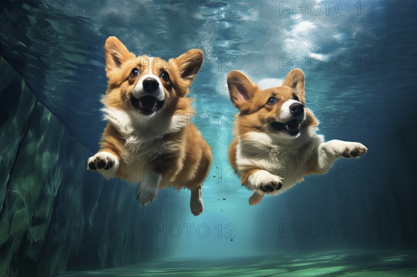 Two Pembroke Welsh Corgis diving in a pool, AI Generated