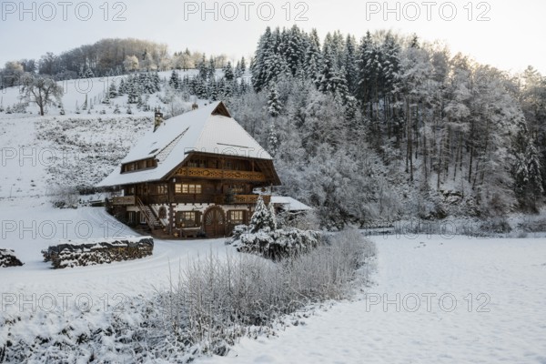 Snowy Black Forest Farm, Oberhamersbach, Black Forest, Baden-Württemberg, Germany, Europe