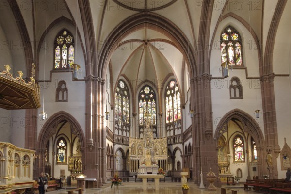 Interior view with chancel of the neo-Gothic St. Peter's Church in Heppenheim, Bergstrasse, Hesse, Germany, Europe