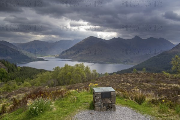 Orientation table at the Bealach Ratagain, Ratagan viewpoint with names of the mountain summits of the Five Sisters of Kintail, Highland, Scotland, United Kingdom, Europe