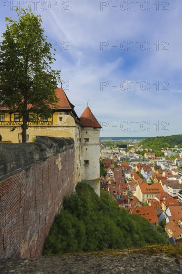 Old annexe with tower of the north gate, Hellenstein Castle, view of Heidenheim town, historical buildings, fortification, castle complex, residence, spur complex, wall, houses, roofs, Heidenheim an der Brenz, Baden-Württemberg, Germany, Europe