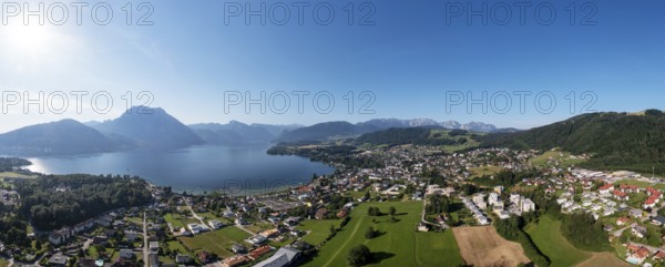 Drone shot, panorama shot, Altmünster am Lake Traun, Salzkammergut, Upper Austria, Austria, Europe