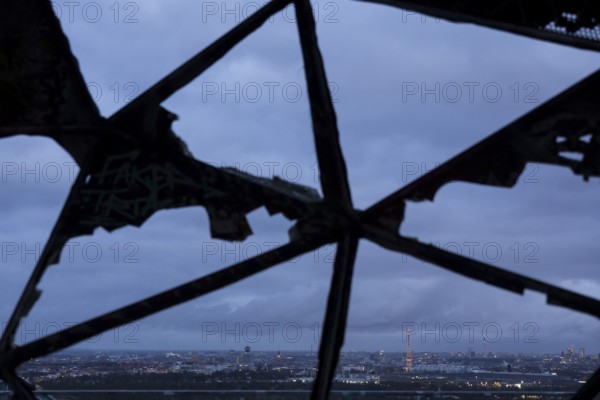 View of the city of Berlin with radio tower and television tower through a radar dome on the former listening station on the Teufelsberg, Berlin, 22 December 2024