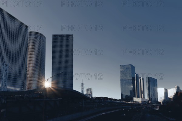 Israel, Tel Aviv financial business district skyline includes shopping malls and high tech offices, Asia