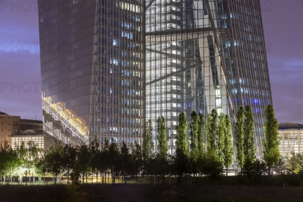 ECB, European Central Bank. Skyline of Frankfurt am Main in the evening, banking district, Frankfurt am Main, Hesse, Germany, Europe