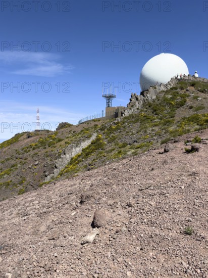 PR1 hiking trail with a view of the radar station on Pico Arieiro, Madeira, Portugal, Europe