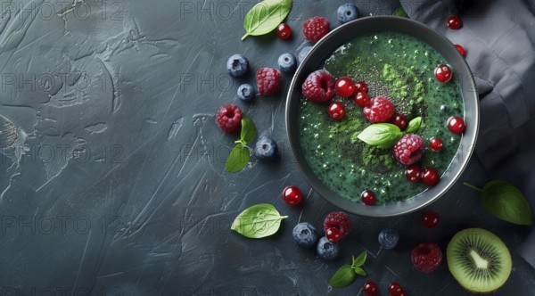 Flat lay view of acai bowl smoothie and Spirulina algae with berries. Healthy diet, AI generated