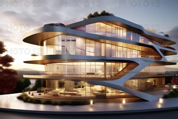 KI generated architectural structure melding computer aided design illustrations with genuine photoelements, AI generated