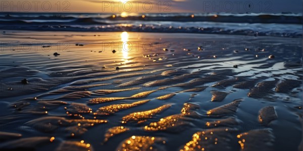 Sunset mood on a whispering tranquil costal landscape with sandy beach, AI generated