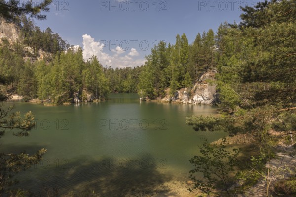Adršpašské pond, lakeshore with trees and rocks on a sunny day, Dolní Adršpach, 549 57 Adersbach, CZ