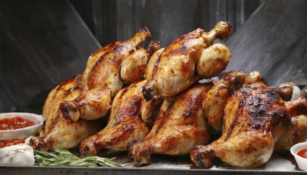 Food, lots of grilled chicken and chicken pieces on a buffet, AI generated, AI generated