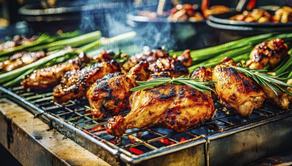 Food, grilled chicken pieces at a grill station, AI generated, AI generated