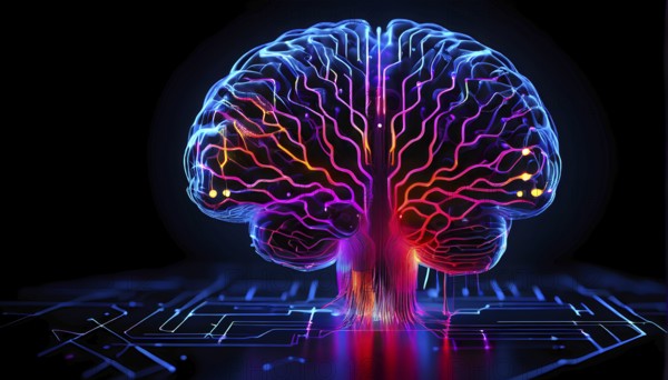 Abstract digital brain made of interconnected lines and glowing circuits in neon colors, representing artificial intelligence processing information, AI generated