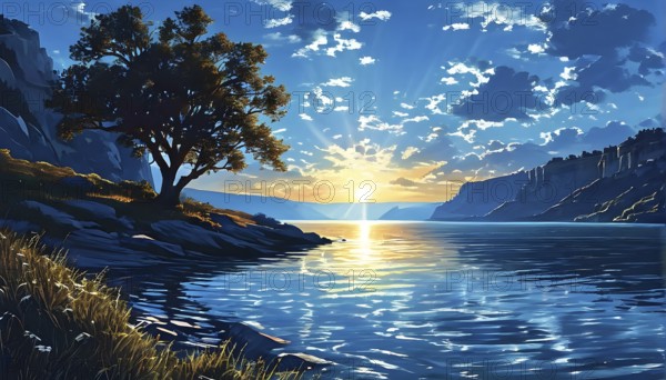 Luminous landscape bathed in the golden hour light at dusk, long shadows stretching from the dramatic cliffs to a serene lake, AI generated
