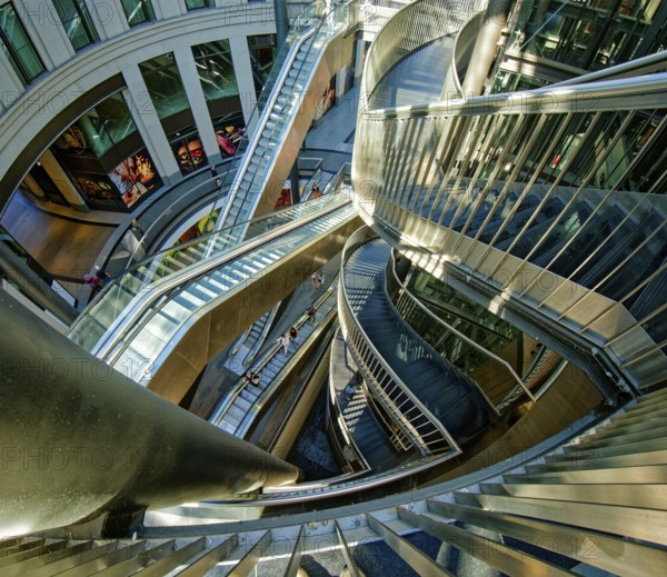 Stairs and escalators, shopping centre Passage Petersbogen, interior view, Leipzig, Saxony, Germany, Europe