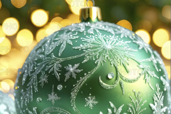Close up of a frosted green Christmas ornament, detailed with tiny ice crystals, delicate carvings, and a soft glow, AI generated
