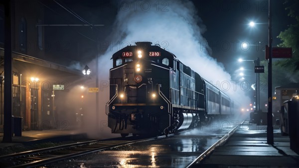 Nighttime train wash in a misty depot with water spray, AI generated