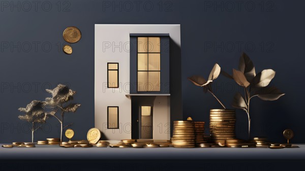 Minimalist render of a residential house with money scattered around as symbol of of investment strategy, AI generated