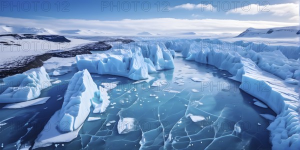 Aerial view of a stunning glacier with blue ice formations, AI generated
