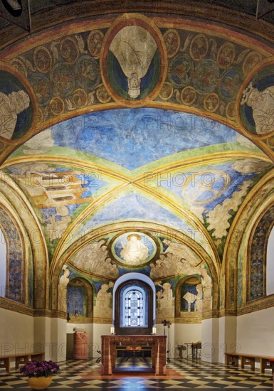 St. Maria and Clemens, Romanesque double church, lower church, view into the choir with ceiling paintings, Bonn, North Rhine-Westphalia, Germany, Europe
