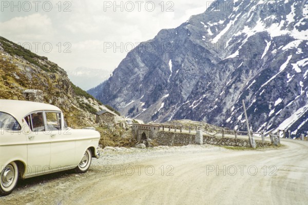 Opel Kapitan P1 car on Fluela Pass mountain road high Alpine pass, Switzerland, Europe 1959, Europe