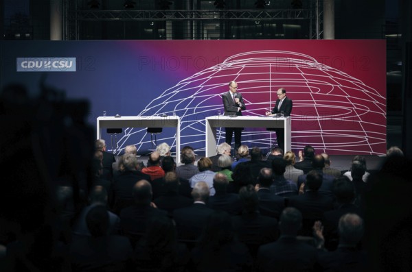 Friedrich Merz, Chairman of the CDU/CSU parliamentary group in the German Bundestag and Alexander Dobrindt, First Deputy Chairman of the CDU/CSU parliamentary group in the German Bundestag recorded at the event, Wir hören zu | Gipfel der CDU/CSU-Fraktion I Wirtschaftswende für Deutschland at the German Bundestag in Berlin, 1 February 2024