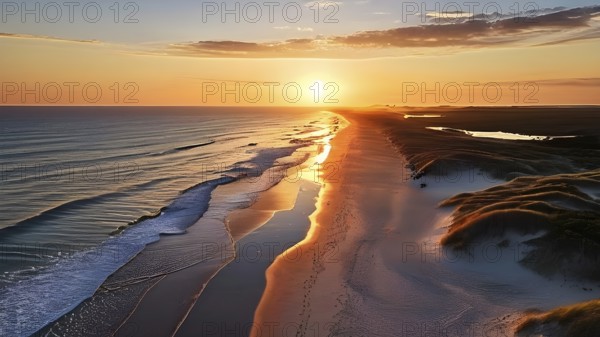 Aerial view of Sunset mood on a whispering tranquil costal landscape with sandy beach, AI generated