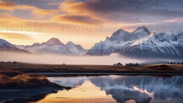 Sunrise over fog covered landscape with high mountain peaks and a tranquil lake in winter, AI generated