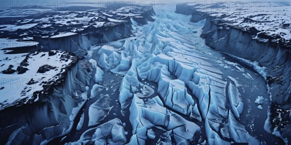 Aerial view of a stunning glacier with blue ice formations, AI generated