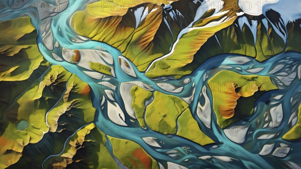 Aerial view perpendicular top down of an abstract colorful river along the coastline, AI generated
